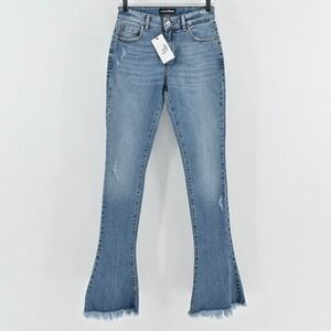 Retrofete Bailey Flare Jeans Womens 24 High Rise‎ Distressed Denim Raw Hem Boho